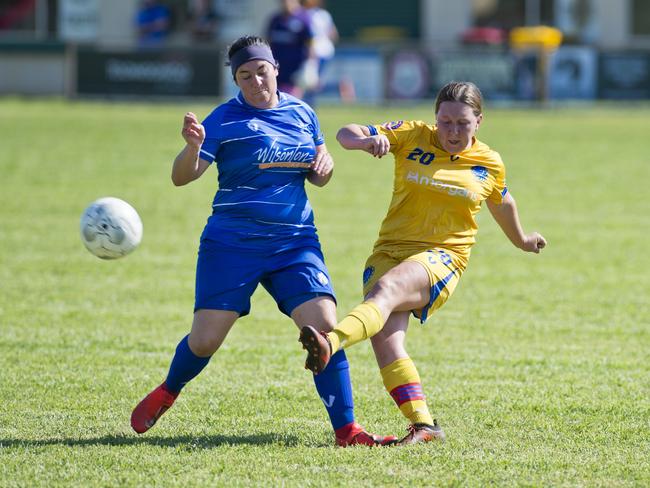 Taylah Muggleton (left) of Rockville and Taylor Reeves of USQ FC in Toowoomba Football League Premier Women Say No to Racism pre-season clash at Toara Park, Saturday, February 1, 2020. Picture: Kevin Farmer