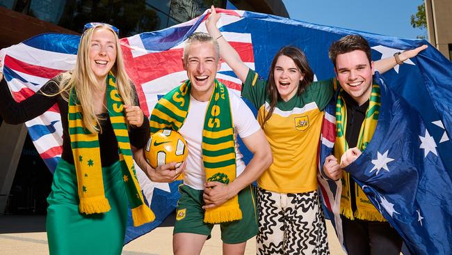 Elissa Morrow, Scott Bray, Jemma Matthews, and Ethan Meijer at Adelaide Oval, where you’ll be able to watch the Socceroos outside on Telstra Plaza on Sunday morning. Picture: Matt Loxton