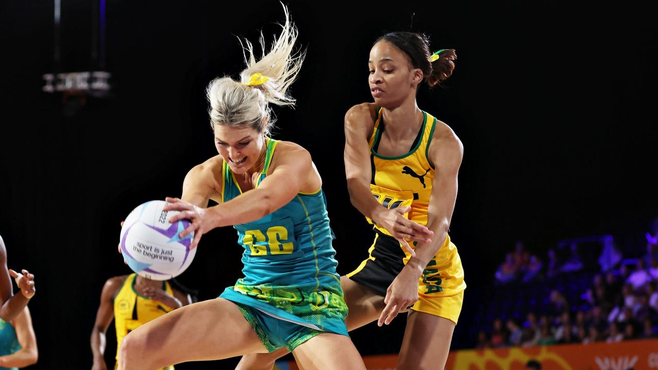 Gretel Bueta contests for the ball against Jamaica’s Shamera Sterling. (Photo by Matthew Lewis/Getty Images)