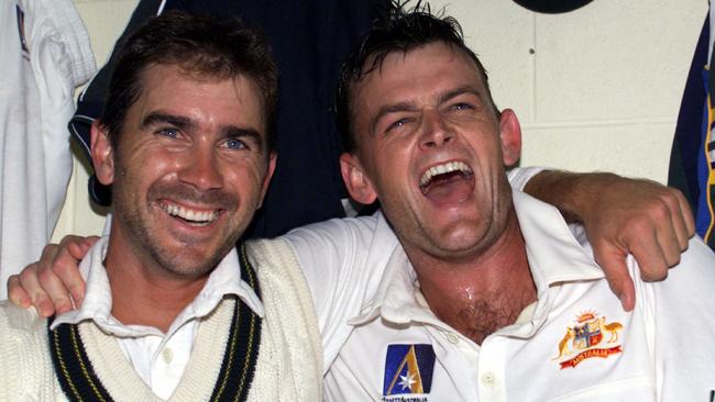 Cricketer Justin Langer with Adam Gilchrist celebrating their victory. Cricket - Australia vs Pakistan fifth day of Second Test match in Hobart 21 Nov 1999.