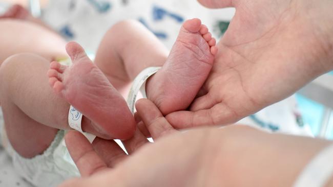 Feet of newborn baby in hospital with parents hands