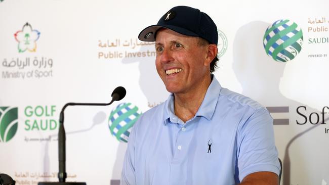 AL MUROOJ, SAUDI ARABIA - JANUARY 31: Phil Mickelson of USA talks to the media during a practice round prior to the PIF Saudi International at Royal Greens Golf & Country Club on January 31, 2023 in Al Murooj, Saudi Arabia. (Photo by Luke Walker/WME IMG/WME IMG via Getty Images)