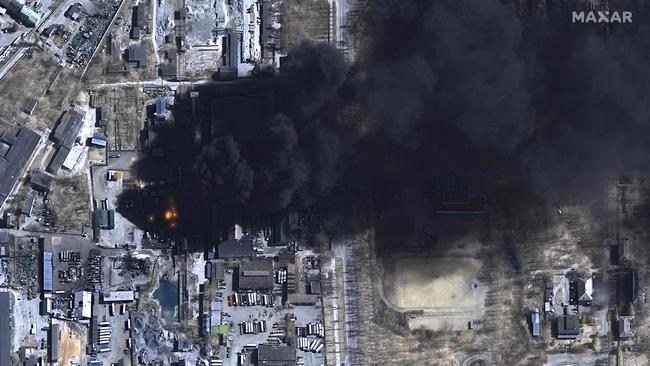 A closer overview multispectral image of burning oil storage tanks and industrial area in Chernihiv, Ukraine. Picture: AFP