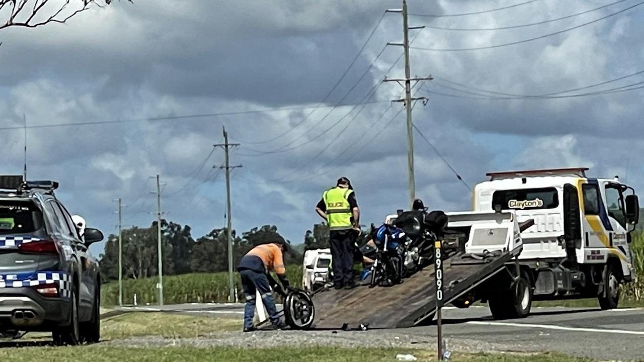 The Bruce Highway has reopened after a motorcycle and a car have been removed from the Koumala crash scene. The crash killed one man, left a woman in a critical condition and left five others injured. Picture: Janessa Ekert