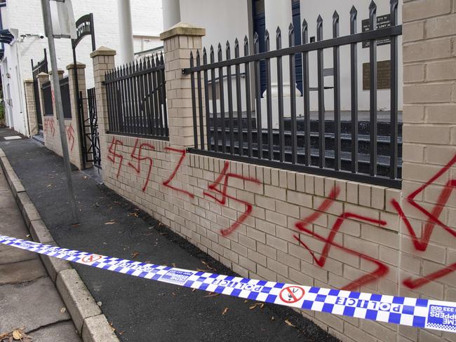 SYDNEY, AUSTRALIA - NewsWire Photos - JANUARY 11, 2025: Anti semitic attack on the Newtown Synagogue, Sydney. Crime scene has been established. Picture: NewsWire / Simon Bullard.