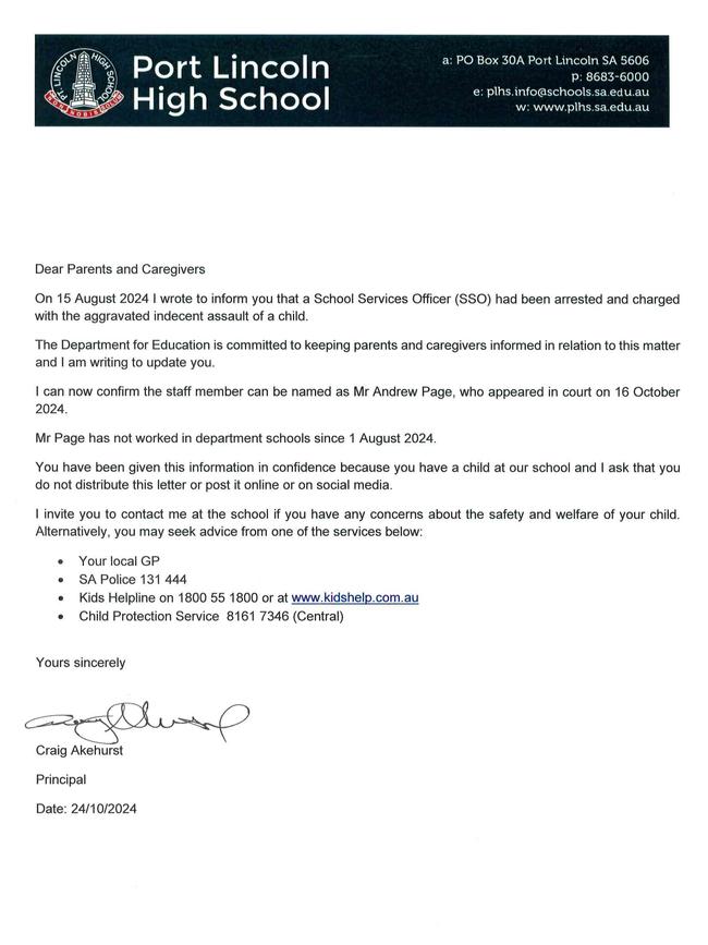 A Port Lincoln High school SSO has been arrested and charged with the aggravated indecent assault of a child. A letter sent to parents of the school. Picture: Supplied