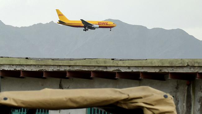 A DHL aircraft prepares to land at a US military base in Bagram. Picture: AFP