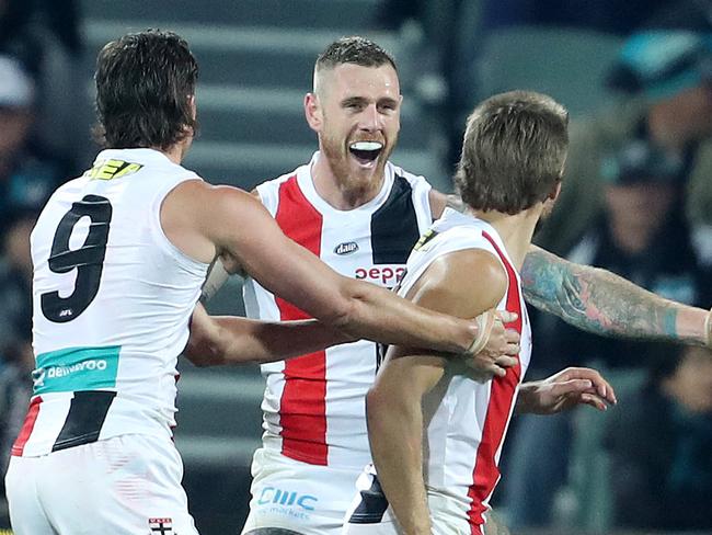 AFL - Saturday, 25th July, 2020 - Port Adelaide v St Kilda at Adelaide Oval. St Kilda's Tim Membrey celebrates another goal - Xavier Duursma walks away Picture: Sarah Reed