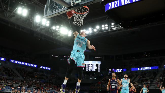 Rasmus Bach of the Breakers lay ups during the NBL Cup match between the Adelaide 36ers and the New Zealand Breakers at John Cain Arena on February 27, 2021, in Melbourne. (Photo by Mike Owen/Getty Images)