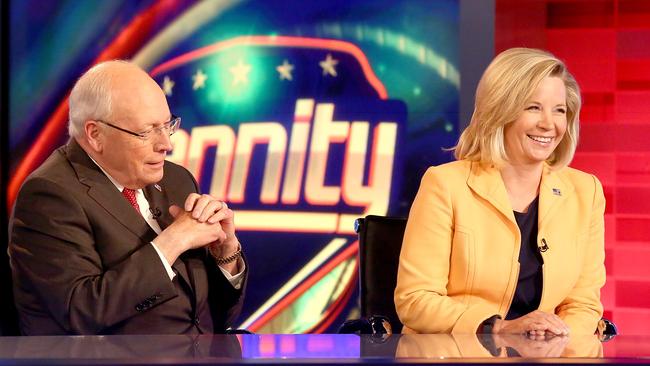 Former vice president Dick Cheney (L) and his daughter Liz Cheney (R) visit Fox News.