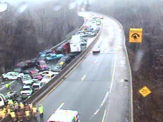 Slippery conditions have caused pileups on multiple highways.
