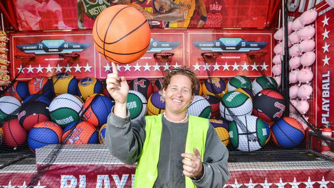 Carnival ride operators Samantha Creech with the Playball sideshow. Picture: Brenton Edwards