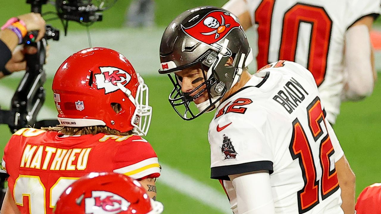 Tom Brady and Tyrann Mathieu clash during the Super Bowl.