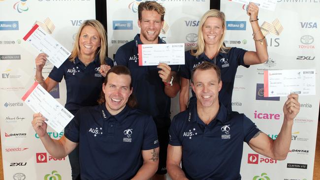 (L-R) Katie Kelly, Nic Beveridge, Brant Garvey, Bill Chaffey and Kate Doughty with their boarding passes for Rio.