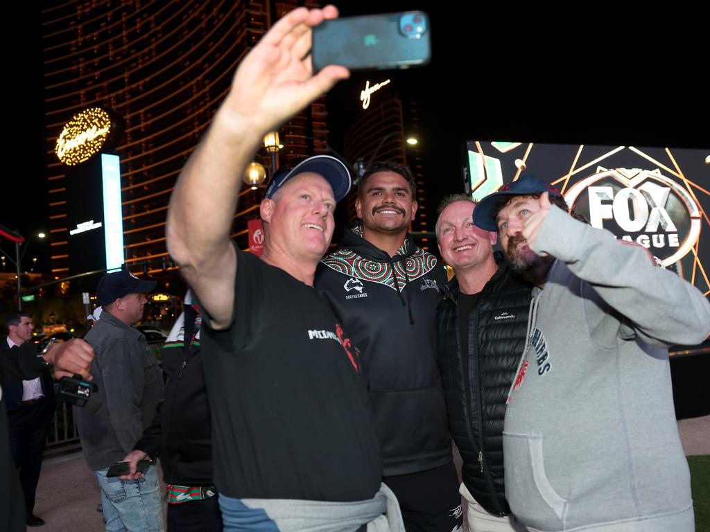 LAS VEGAS, NEVADA - FEBRUARY 28: Latrell Mitchell of the South Sydney Rabbitohs takes a selfie with fans during Fox League's NRL Las Vegas Launch at Resorts World Las Vegas, on February 28, 2024, in Las Vegas, Nevada. (Photo by Ezra Shaw/Getty Images)