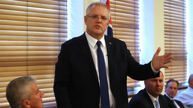 Prime Minister Scott Morrison addressing the Coalition party room. Picture: Kym Smith