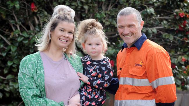 Chelsea Heights mum Chloe Tuff and her 2 year-old daughter Amelia reunite with council worker Scott Walker who, earlier this year, preformed CPR on Amelia and possibly saved her life. Picture: Andrew Henshaw