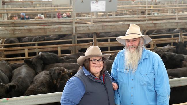 Meg Shellcot, and her father Bill Shellcot, from Foster, sold 86 Angus steers. Picture: Yuri Kouzmin