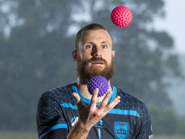 MOSMAN DAILY. Sydney FC goalie Andrew Redmayne juggles before he goes out to play in each match. Andrew photographed today 17th of January 2020 at training in Macquarie Park.  (AAP/Image Matthew Vasilescu)