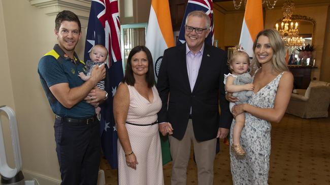 Australian captain Tim Paine with his wife Bonnie Maggs and the PM and his wife. Picture: Justin Lloyd.