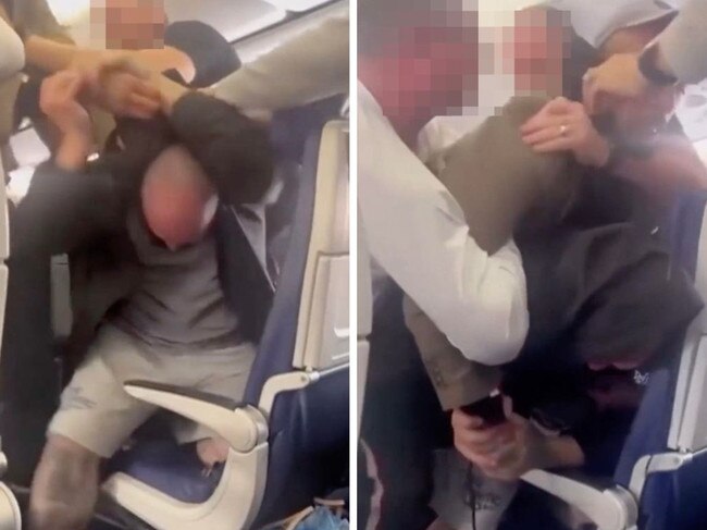 This is the shocking moment a brutal mid-air brawl erupted onboard a flight leaving passengers screaming in terror.