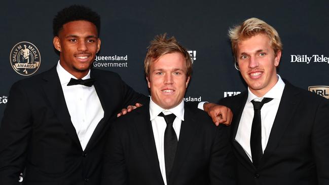 Jason Saab of the Sea Eagles, Jake Trbojevic of the Sea Eagles and Ben Trbojevic of the Sea Eagles. Picture: Chris Hyde/Getty Images