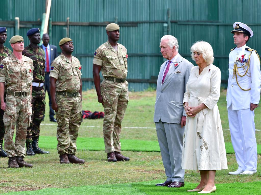 King Charles and Queen Camilla observe a minute’s silence during a visit to a Commonwealth War Graves Kariokor Cemetery in Nairobi. Picture: Tony Karumba/AFP