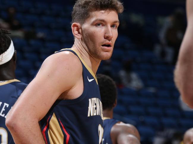 NEW ORLEANS, LA - MARCH 23: Will Magnay #25 of the New Orleans Pelicans looks on against the Los Angeles Lakers on March 23, 2021 at the Smoothie King Center in New Orleans, Louisiana. NOTE TO USER: User expressly acknowledges and agrees that, by downloading and or using this photograph, user is consenting to the terms and conditions of Getty Images License Agreement. Mandatory Copyright Notice: Copyright 2021 NBAE (Photo by Layne Murdoch Jr./NBAE via Getty Images)