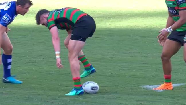 South Sydney's Angus Crichton with a dodgy play the ball against Canterbury. Photo: Fox Sports