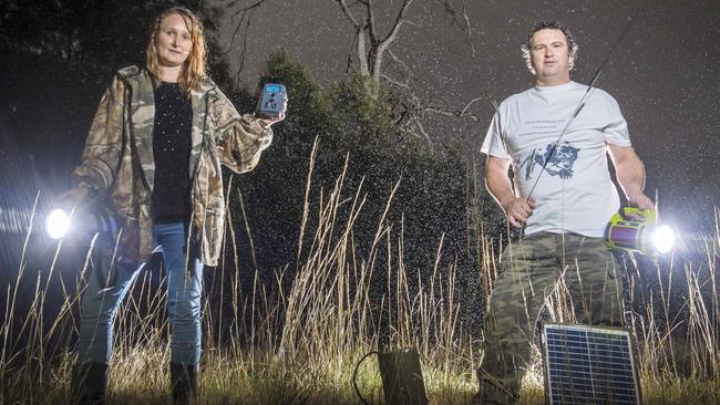 Amateur sleuths Sarah Alsop and Kevin Braunton say a number of reports suggest the mysterious animal  could be lurking in state forest and private properties northwest of Melbourne. Picture: Jason Edwards