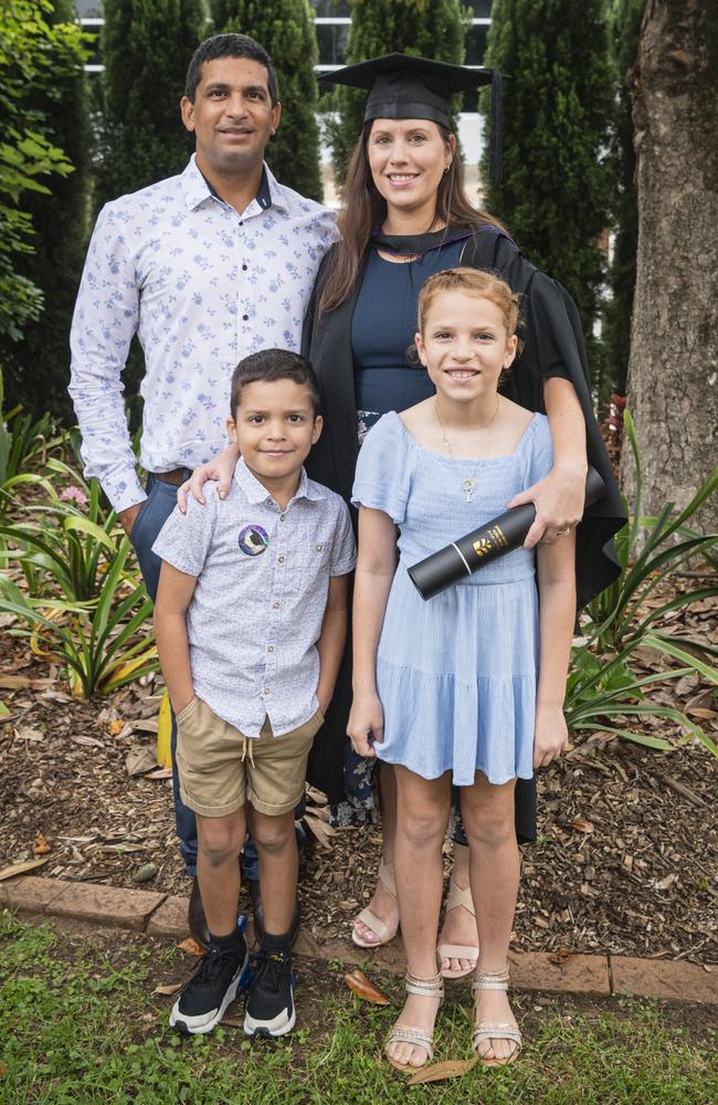 Bachelor of Laws graduate Sarah Solinas with husband Raymond and kids Jonathan and Alannah Solinas at a UniSQ graduation ceremony at Empire Theatres, Tuesday, February 13, 2024. Picture: Kevin Farmer