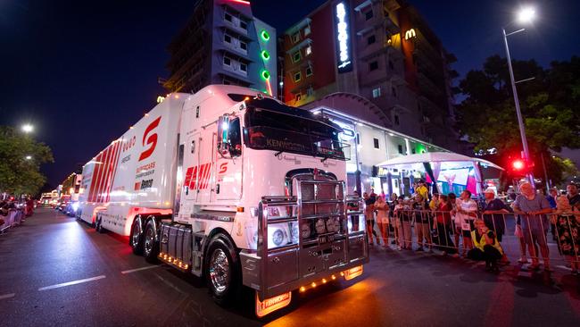 A convoy of trucks arrives in Darwin's CBD to announce the arrival of the Supercars for the round at Hidden Valley Raceway. Picture: Che Chorley