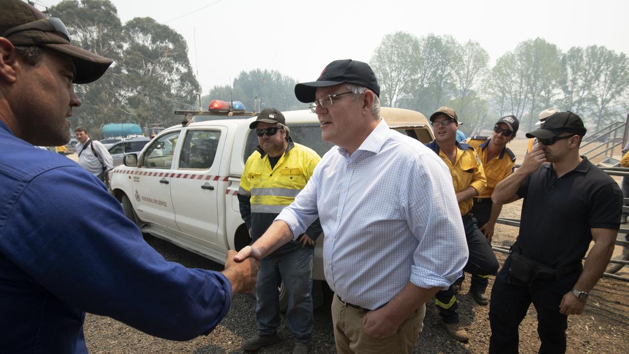 Prime Minister Scott Morrison meets with NSW RFS volunteers in the Blue Mountains. Picture: Wolter Peeters