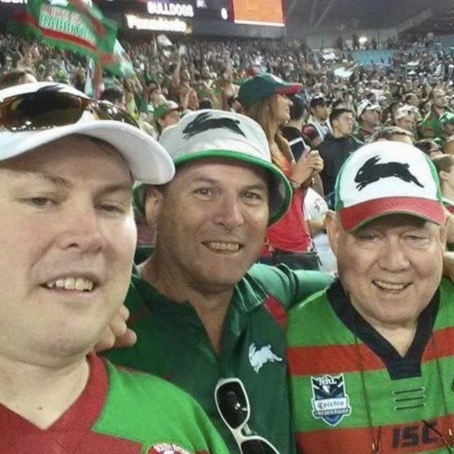 Peter and two of his sons, Mark and Damien, going to support the Rabbitohs at the 2014 NRL grand final.