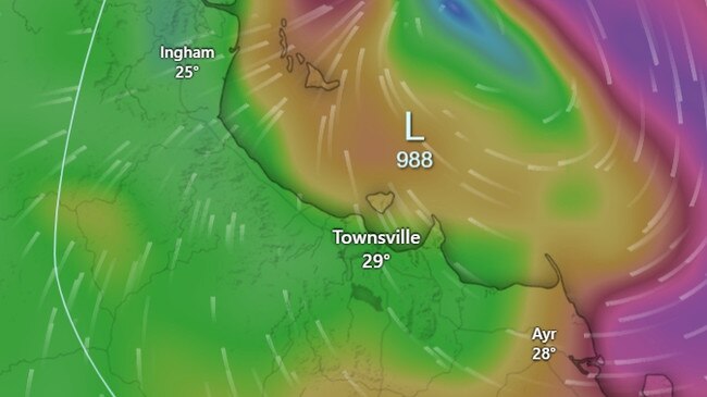 As Tropical Cyclone Kirrily continues to form in the Coral Sea, the Bureau of Meteorology says winds of up to 55 km/h could begin to buffet the Burdekin on Wednesday evening, followed by potentially destructive winds exceeding 130 km/h on Thursday. Picture: Windy.com