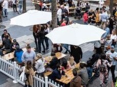 Northern Beaches Council will trial  expanded outdoor dining on The Corso at Manly over summer, similar in size and space to this dining "activation" at  last year's Manly Jazz Festival.( NOTE: This picture depicts activities pre-COVID social distancing). Picture: Northern Beaches Council