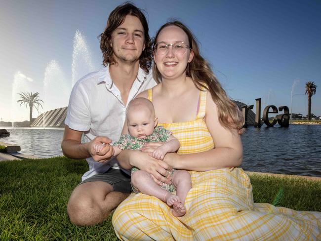 ADELAIDE, AUSTRALIA - Advertiser Photos FEBRUARY 10, 2023: Adam Chudleigh and Chloe Hudson with baby Daisy are now residents of the new Riverlea estate in Buckland Park, SA. Picture Emma Brasier