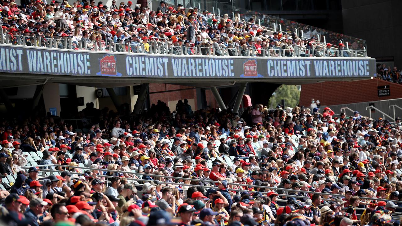 Fans pack Adelaide Oval for the 2021 AFLW grand final. Picture: Kelly Barnes