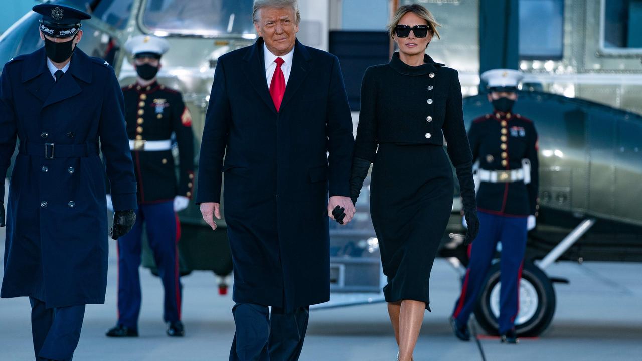 Outgoing First Lady Melania Trump wore a sombre outfit for the occasion. Picture: Alex Edelman/AFP