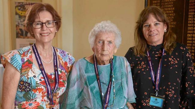 Barbara Webster (nee Cole) class of '64, Joyce Marler (nee Ewings) class of '36, and principal Kirsten Dwyer. Picture: Jann Houley