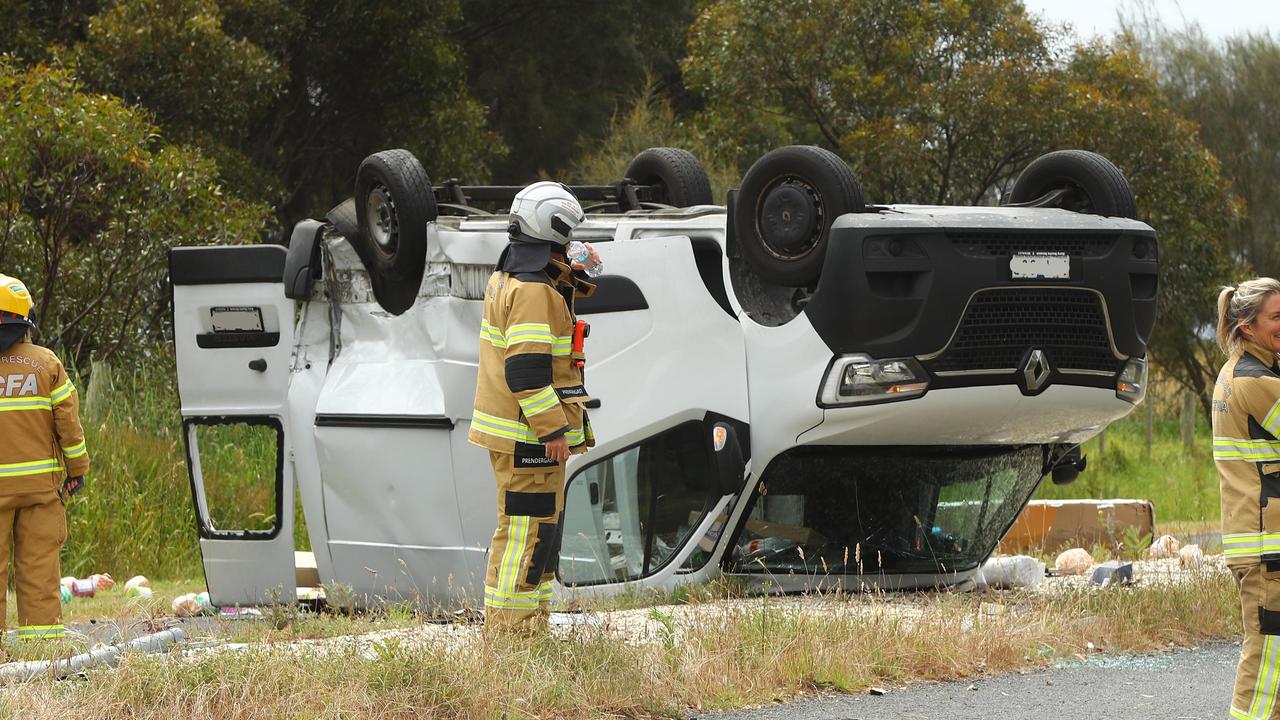 Toilet paper van flips onto roof on rural Bellarine road