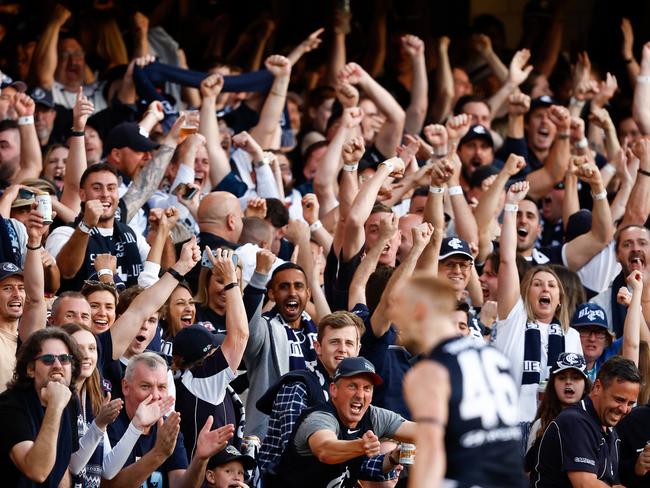 BRISBANE, AUSTRALIA - SEPTEMBER 23: Blues fans celebrates as Matthew Cottrell of the Blues kicks the first goal during the 2023 AFL Second Preliminary Final match between the Brisbane Lions and the Carlton Blues at The Gabba on September 23, 2023 in Brisbane, Australia. (Photo by Michael Willson/AFL Photos via Getty Images)