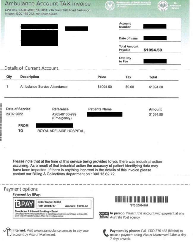 SA Ambulance Service invoice.