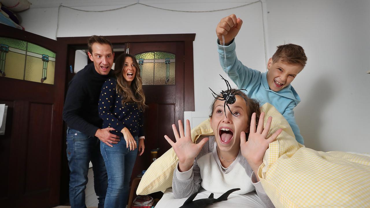 Experts say harmless pranks can have a positive impact. Parents David and Emily with Cassie, 10, and Jake, 8, love to join in the fun. Picture: Alex Coppel.