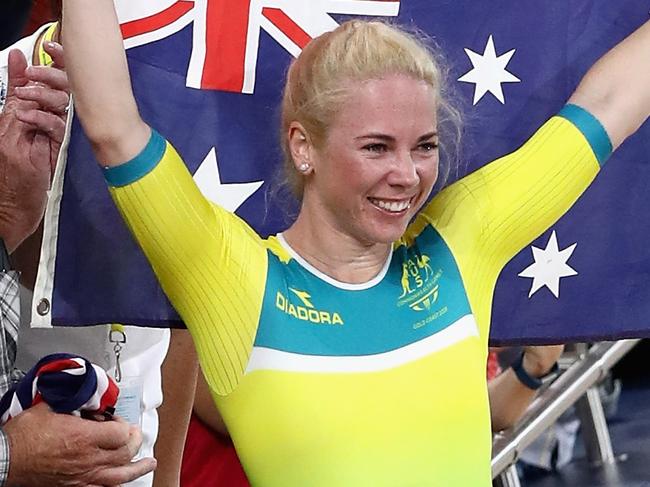 BRISBANE, AUSTRALIA - APRIL 07:  Kaarle McCulloch of Australia celebrates winning gold after the Women's 500m Time Trial during Cycling on day three of the Gold Coast 2018 Commonwealth Games at Anna Meares Velodrome on April 7, 2018 on the Brisbane, Australia.  (Photo by Ryan Pierse/Getty Images)