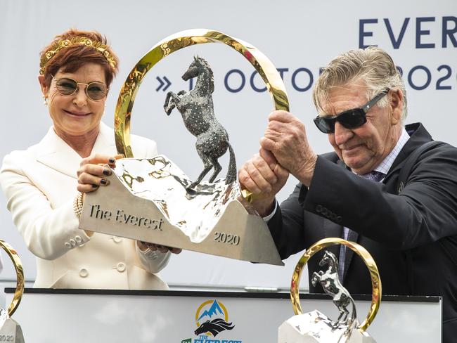 SYDNEY, AUSTRALIA - OCTOBER 17: (L-R) Kerrin McEvoy, Carmel Size and Les Bridge are seen at a trophy presentation after winning race 7 the TAB Everest during Sydney Racing at Royal Randwick Racecourse on October 17, 2020 in Sydney, Australia. Crowd limits were increased for The Everest race day with almost 11,000 people allowed to attend following approval of COVID-safe plans submitted to the NSW government. (Photo by Jenny Evans/Getty Images)