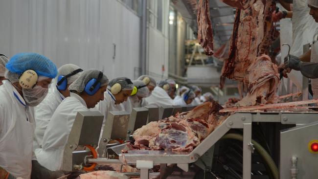 Workers in Oakey Beef Exports boning and packing room. There are more than 300 people employed within this section of the business.