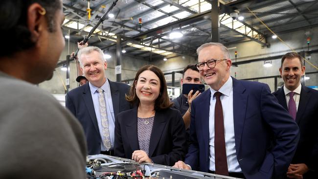 Anthony Albanese, with, from left, Tony Burke, Terri Butler and Jim Chalmers at Tritium’s Brisbane factory in 2022. The plant is now to close. Picture: Toby Zerna