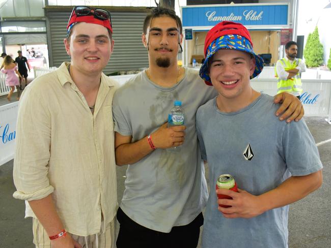 Jonah Hurlimann, Tyler De Rozaril and Lachlan Baxter enjoying all the action at the Ladbrokes Cranbourne Cup on Saturday, November 23, 2024. Picture: Jack Colantuono