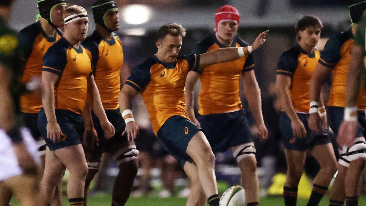 Jack Bowen of the Junior Wallabies kicks during the U20 match between the Junior Wallabies and the Australian Barbarians prior to the team leaving for South Africa.
